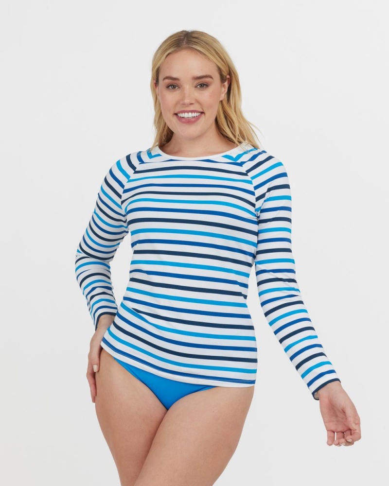 Stripes Blue Spanx Long Sleeve Swim Shirt | OIWDL-3967