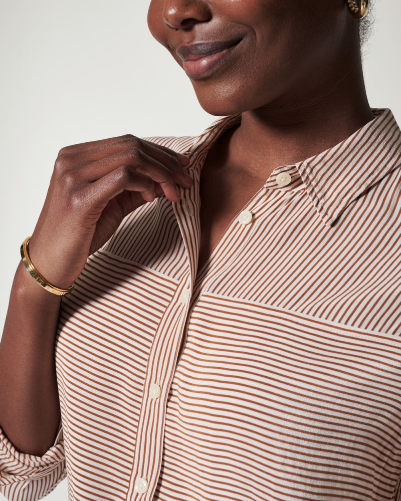 Stripes Spanx Low Maintenance Silk Button Down | XGURN-1029