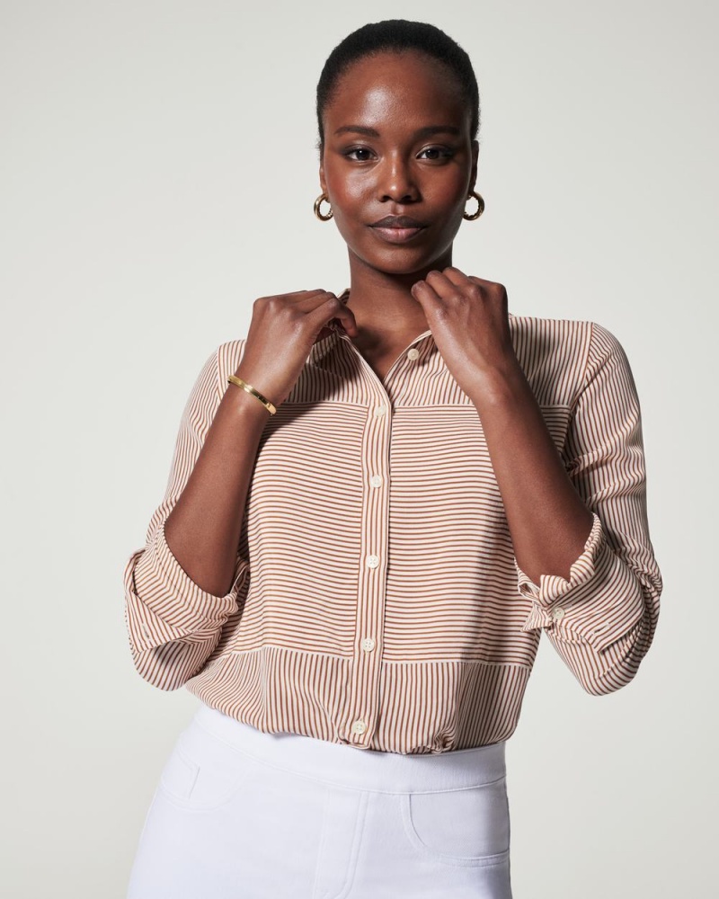 Stripes Spanx Low Maintenance Silk Button Down | XGURN-1029